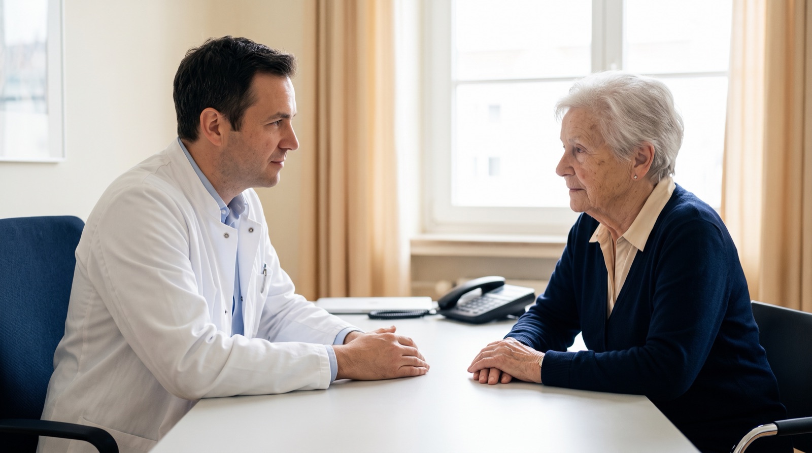 KI-generiertes Symbolbild: Arzt im ruhigen Gespräch mit einer Patientin auf Augenhöhe in einer Praxis