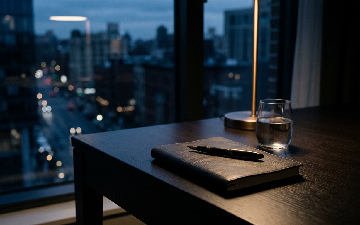 KI-generiertes Symbolbild: Ein Notizbuch mit Füllfederhalter, ein Wasserglas und eine Lampe stehen auf einem dunklen Schreibtisch vor einem Fenster mit Stadtansicht.