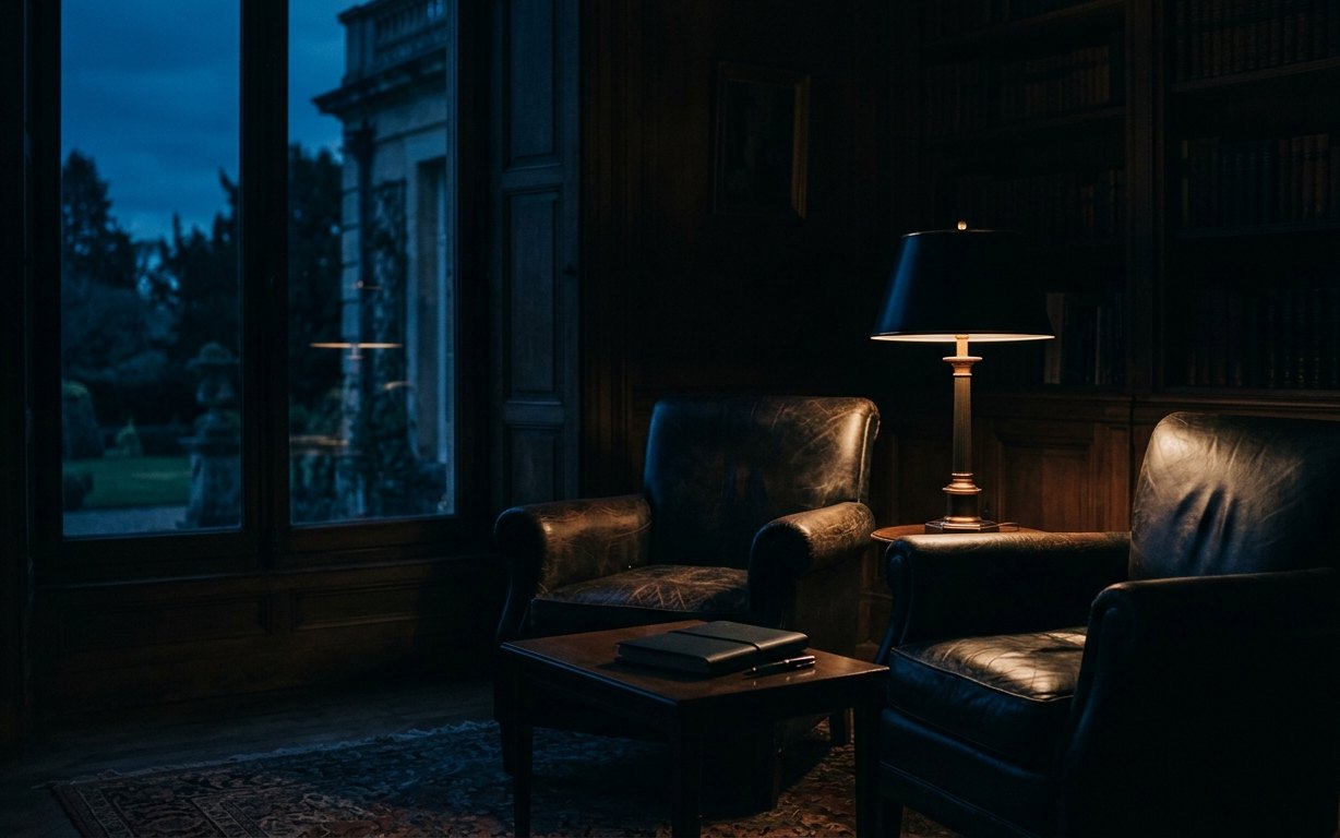 KI-generiertes Symbolbild: Zwei Ledersessel, eine brennende Tischlampe und ein Beistelltisch stehen in einer Bibliothek vor einem großen Fenster.