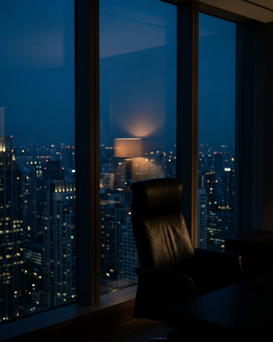 KI-generiertes Symbolbild: Ein schwarzer Lederbürostuhl an einem Schreibtisch vor bodentiefen Fenstern mit Blick auf eine nächtliche Skyline.
