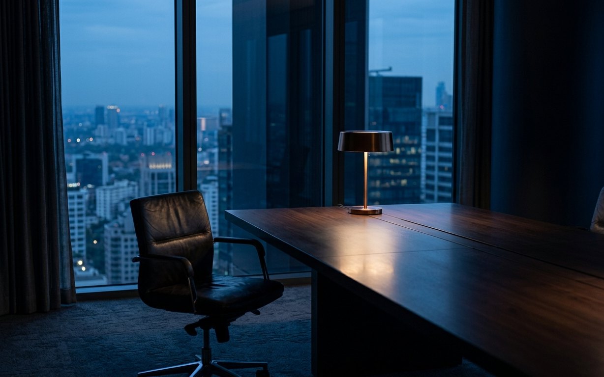 KI-generiertes Symbolbild: Ein schwarzer Bürostuhl und ein hölzerner Konferenztisch mit eingeschalteter Tischlampe stehen vor bodentiefen Fenstern mit Blick auf Hochhäuser.