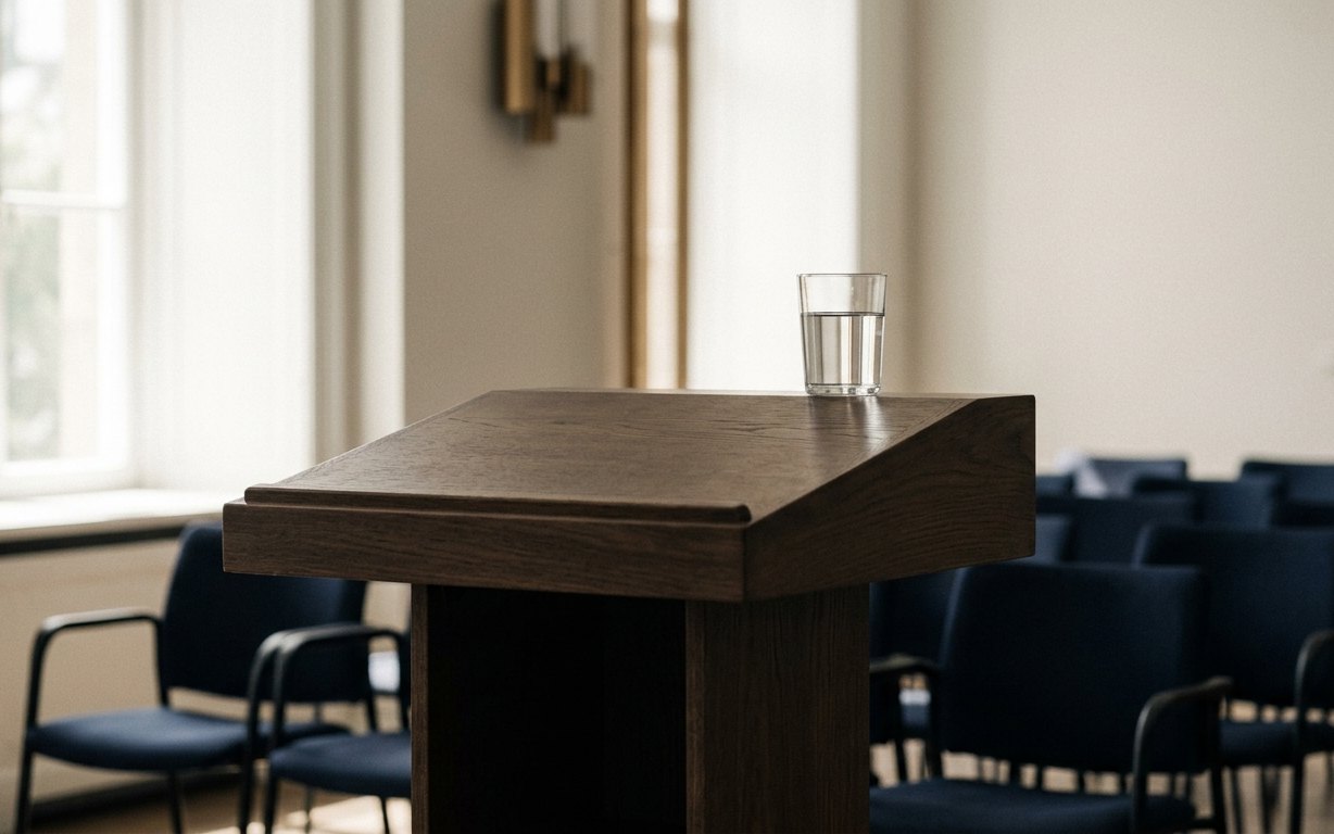 KI-generiertes Symbolbild: Ein hölzernes Rednerpult mit einem Glas Wasser steht vor mehreren blauen Stühlen in einem hellen Raum.