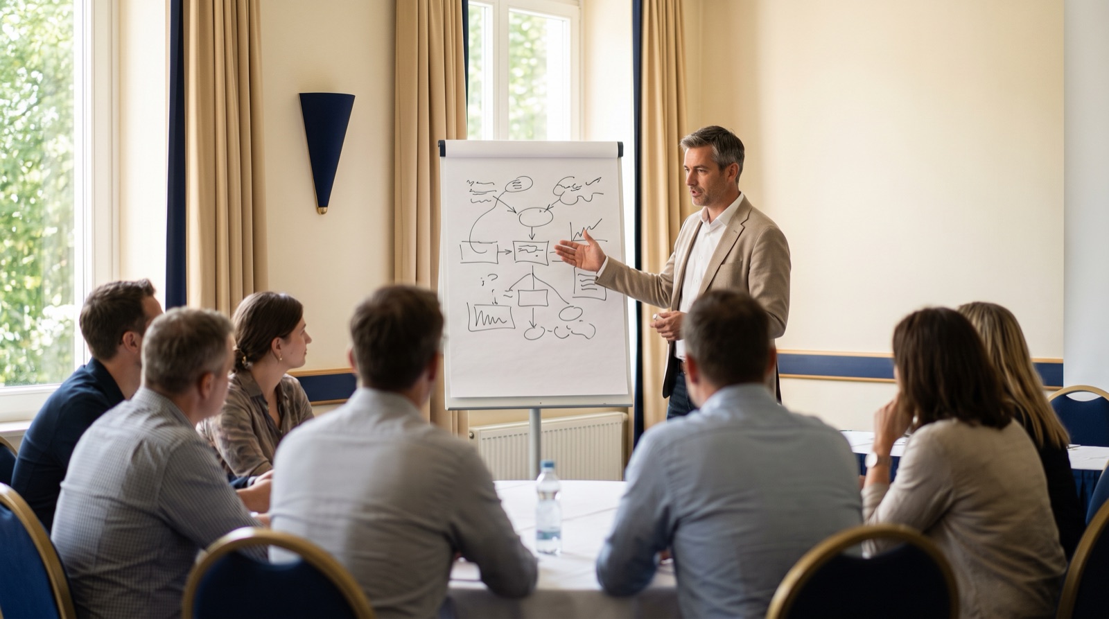 KI-generiertes Symbolbild: Ein Trainer leitet ein Seminar am Flipchart vor einer kleinen Gruppe